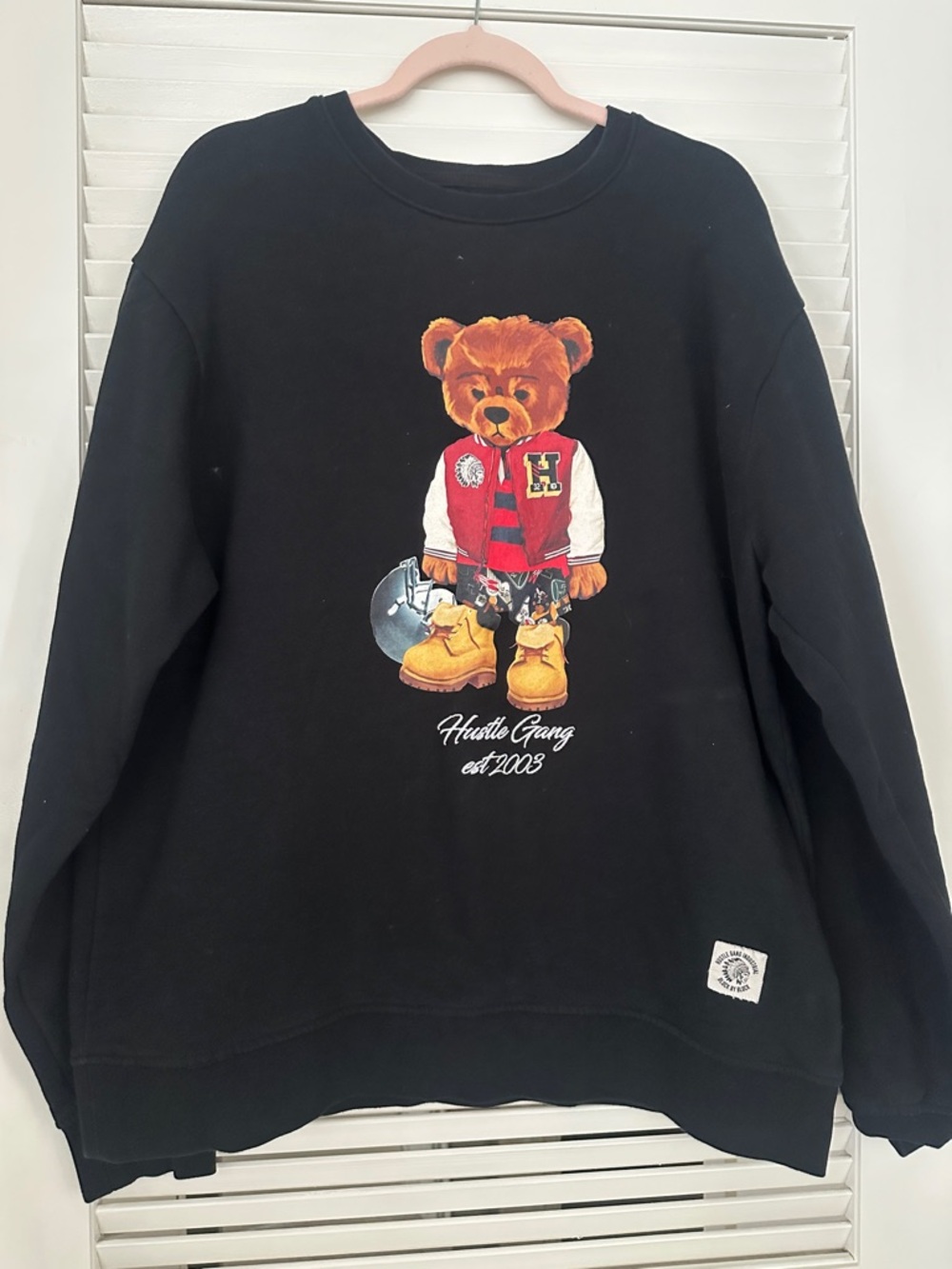 Hustle Gang Black Crewneck with Teddy Bear Varsity Graphic